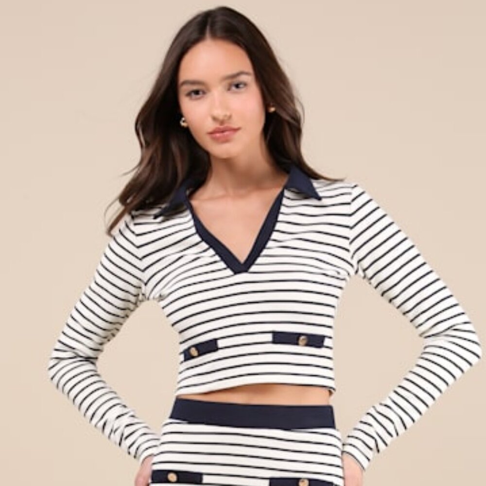 NWT Lulus Uptown Aura Ivory Striped Long Sleeve Top White - Size S